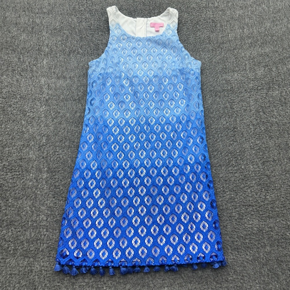 Lilly Pulitzer Dress XS Marquette Ombre Blue White Tassel Hem Shift Preppy